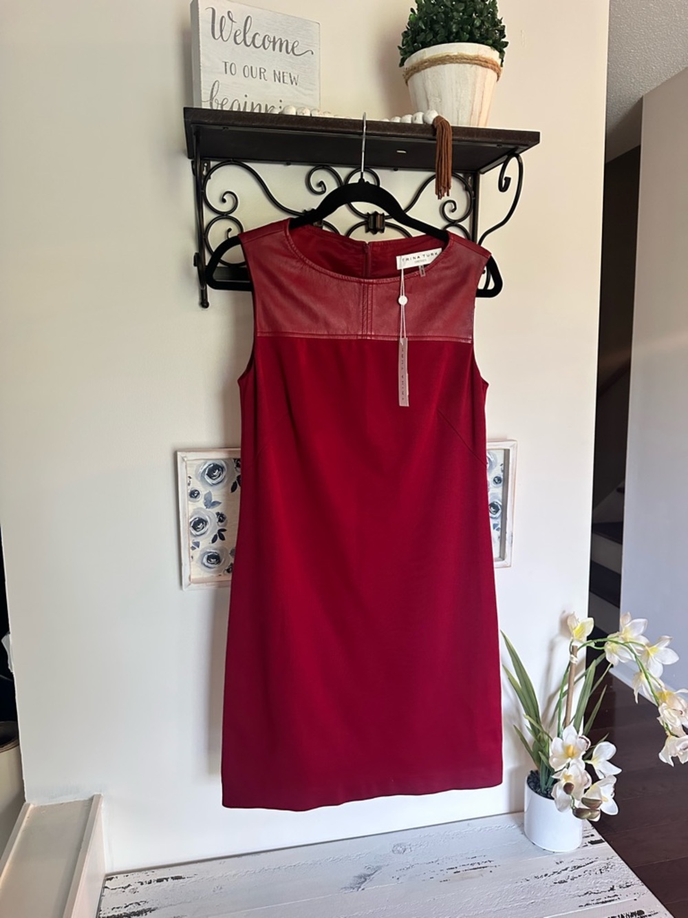 NWT Trina Turk Red Sleeveless Dress with Faux-Leather Yoke size 6 $388 msrp